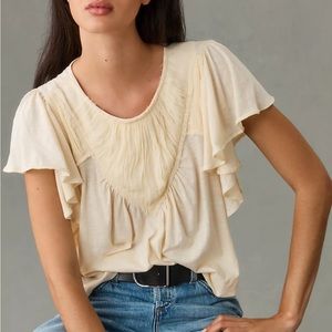 By Anthropologie Ivory Flutter-Sleeve Swing Tee Size XL New